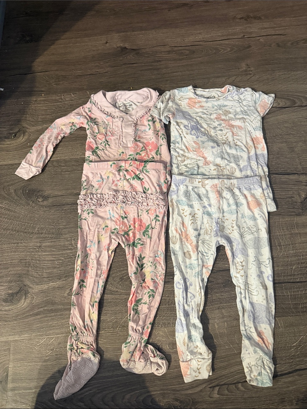2 PJ Sets Girls Floral Pink Footed Pajama Set and Under the Sea PJ Set